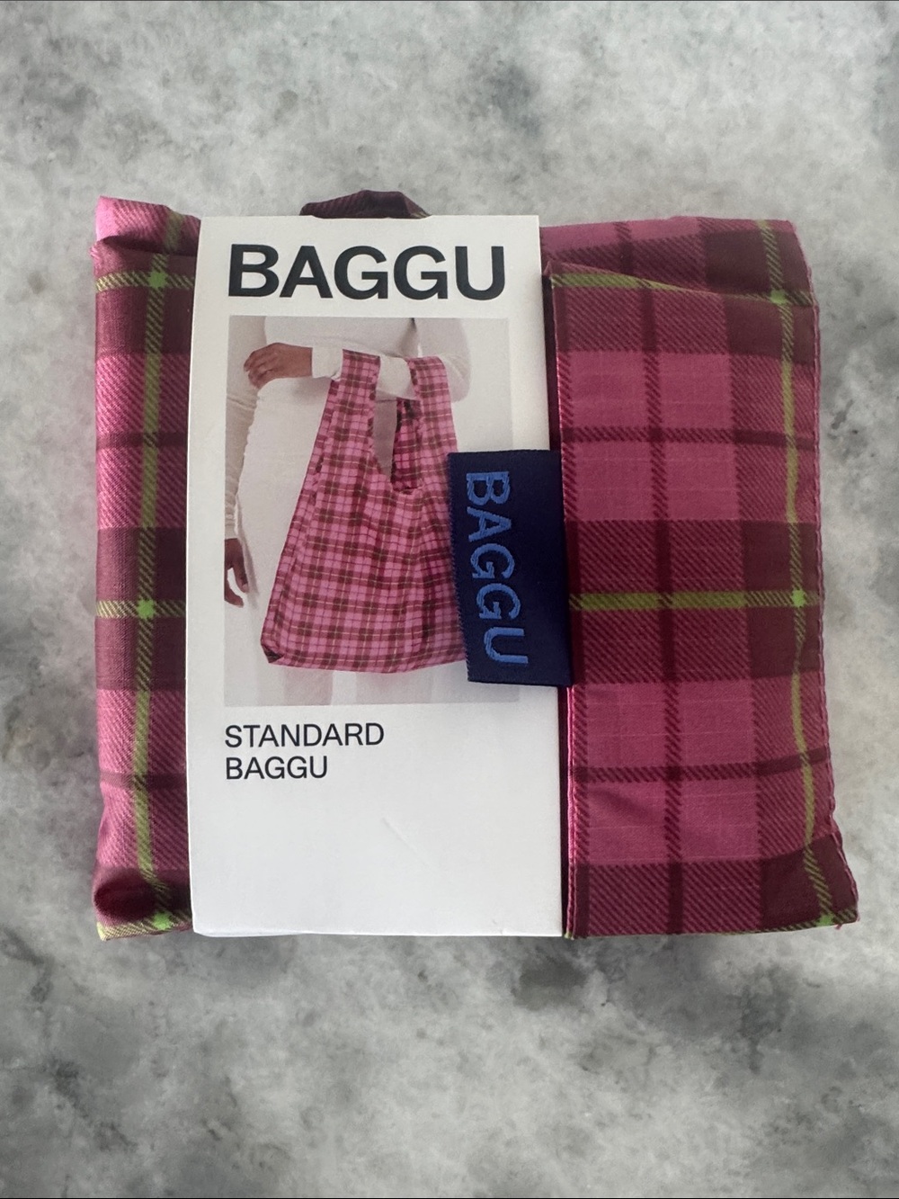 BAGGU Standard Reusable Bag - Pink Plaid with Lime Accent